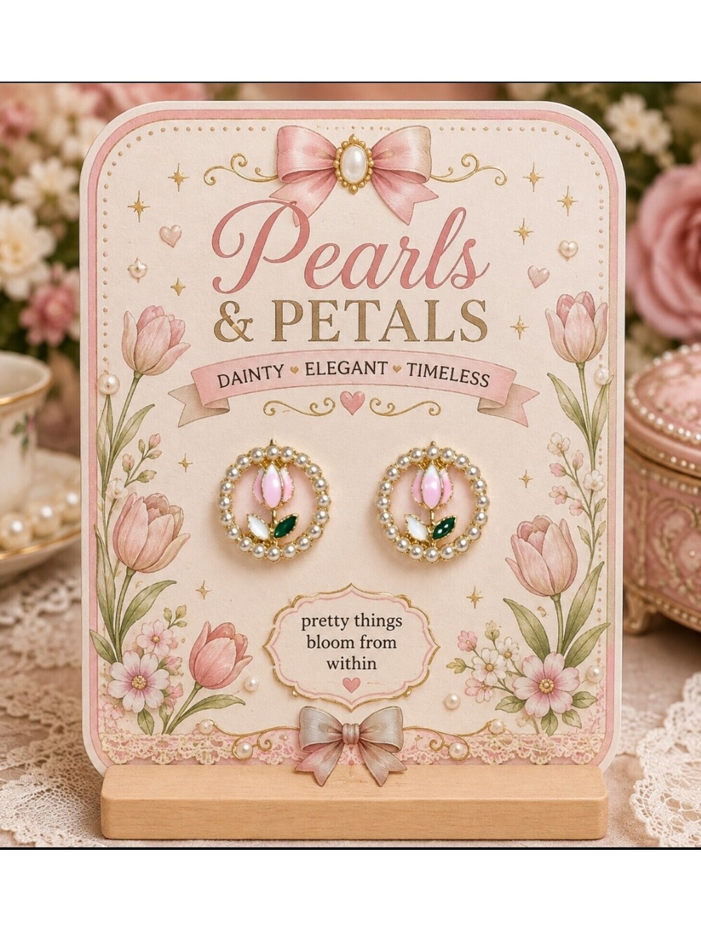 Pearls & Tulip Petals Pretty in Pink Gold Stud Hypoallergenic Earrings